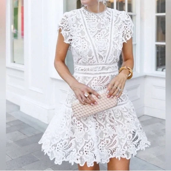 Express Sz M White Lace Mini Dress Boho Chic Short Sleeves NWT - Picture 8 of 12